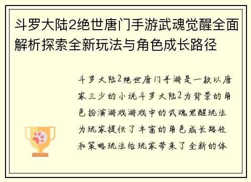 斗罗大陆2绝世唐门手游武魂觉醒全面解析探索全新玩法与角色成长路径